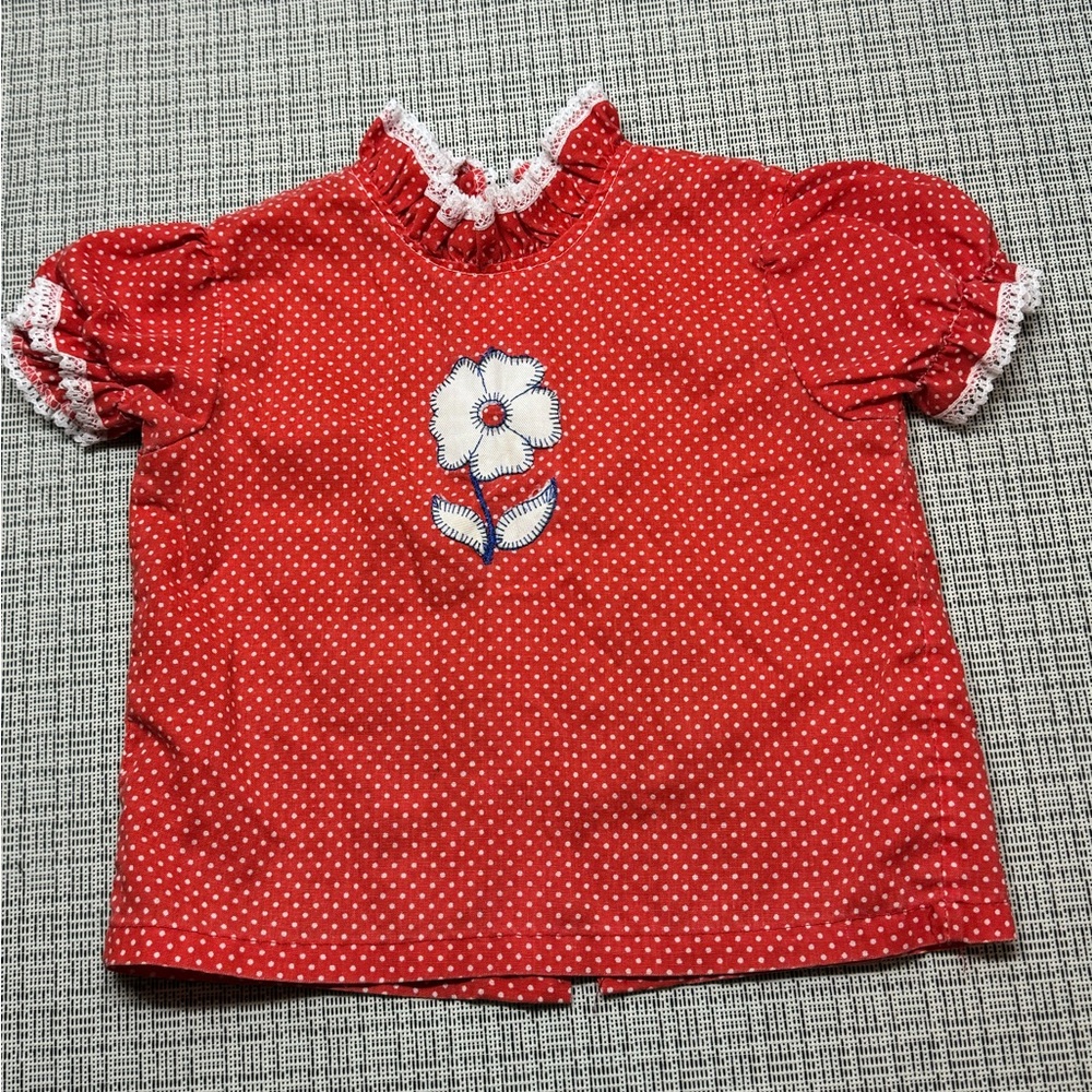 Girls Vintage Montgomery Ward, short sleeve red polka dot dressy shirt, size:3T